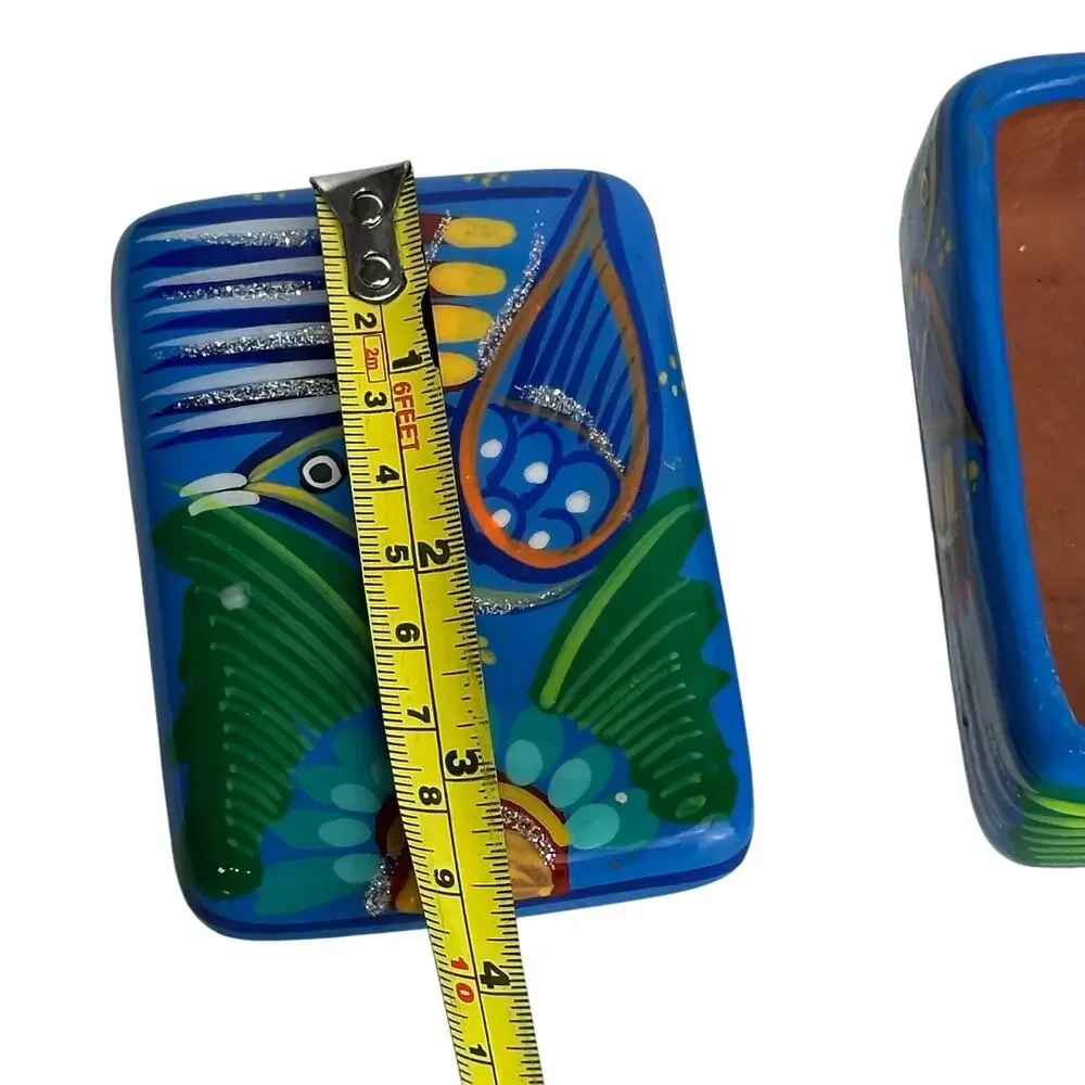 Hand Painted MEXICAN FOLK ART Blue Bird Terra Cotta Trinket Box